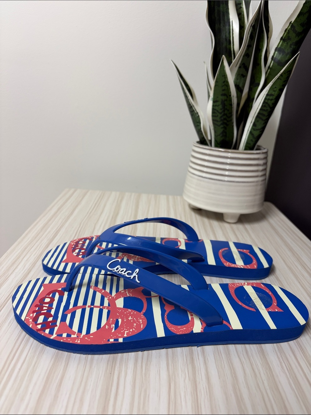 Coach Blue and Red Striped Logo Flip Flops!! EUC 💙